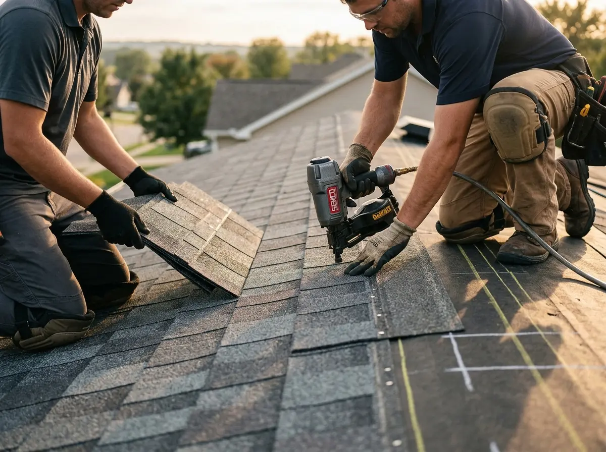 Professional roofer working on a residential roof in Heathrow